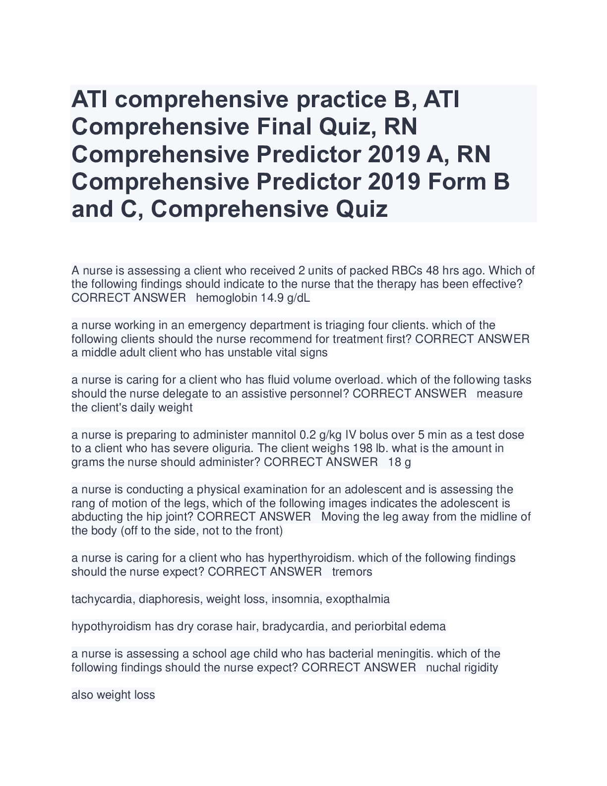 ATI comprehensive practice B, ATI Comprehensive Final Quiz, RN